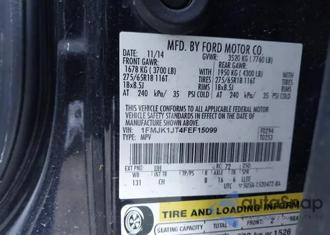 2015 Ford Expedition El Xlt из США, поврежденный, VIN 1FMJK1JT4FEF15099